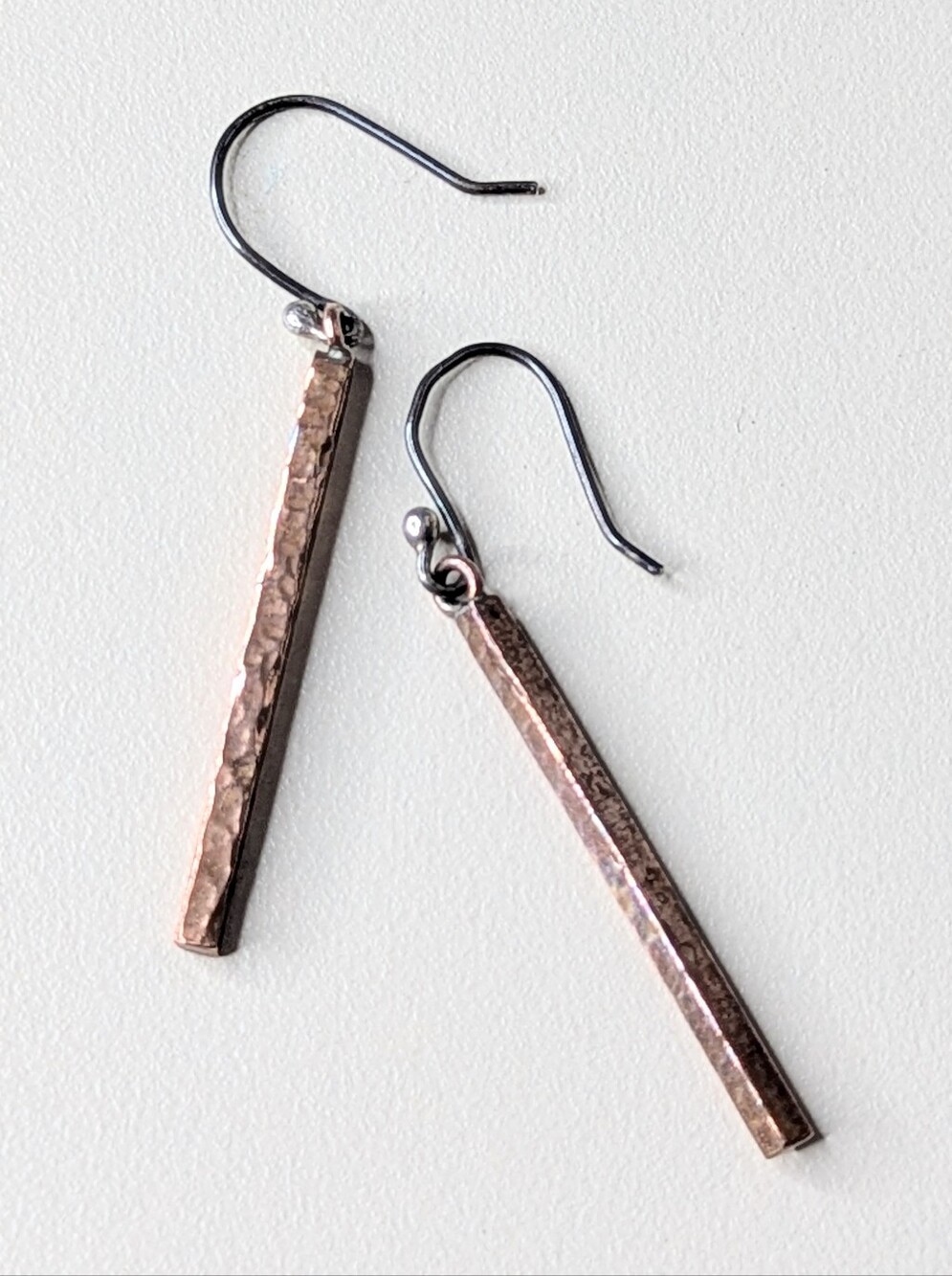 Artist Made Laquered Genuine Copper Drop Earrings On Silver Wires 1.5" Drop
